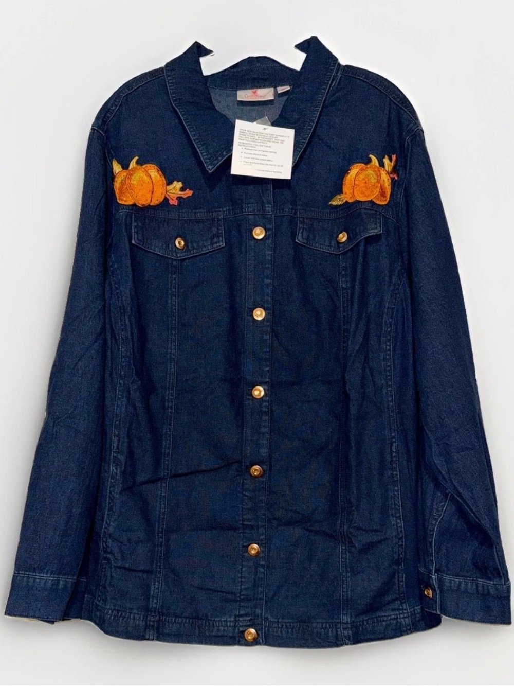 NWT Quaker Factory Denim Embroidered Pumpkin Long Sleeve ButtonUp Shirt Size 3XL
